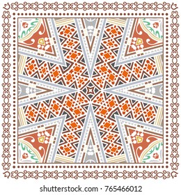 Decorative colorful ornament on a white background, symmetric pattern with doodle lace frame. Tribal ethnic mandala decor. Bandanna shawl, tablecloth fabric print, silk neck scarf, kerchief design