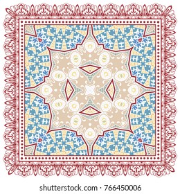 Decorative colorful ornament on a white background, symmetric pattern with doodle lace frame. Tribal ethnic mandala decor. Bandanna shawl, tablecloth fabric print, silk neck scarf, kerchief design