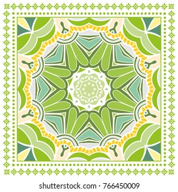 Decorative colorful ornament on a white background, symmetric pattern with doodle lace frame. Tribal ethnic mandala decor. Bandanna shawl, tablecloth fabric print, silk neck scarf, kerchief design