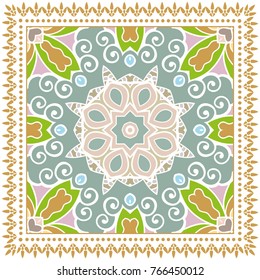 Decorative colorful ornament on a white background, symmetric pattern with doodle lace frame. Tribal ethnic mandala decor. Bandanna shawl, tablecloth fabric print, silk neck scarf, kerchief design