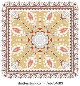 Decorative colorful ornament on a white background, symmetric pattern with doodle lace frame. Tribal ethnic mandala decor. Bandanna shawl, tablecloth fabric print, silk neck scarf, kerchief design