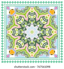 Decorative colorful ornament on a white background, symmetric pattern with doodle lace frame. Tribal ethnic mandala decor. Bandanna shawl, tablecloth fabric print, silk neck scarf, kerchief design