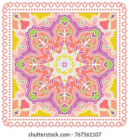 Decorative colorful ornament on a white background, symmetric pattern with doodle lace frame. Tribal ethnic mandala decor. Bandanna shawl, tablecloth fabric print, silk neck scarf, kerchief design