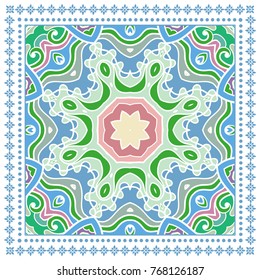 Decorative colorful ornament on a white background, symmetric pattern with doodle lace frame. Tribal ethnic mandala decor. Bandanna shawl, tablecloth fabric print, silk neck scarf, kerchief design