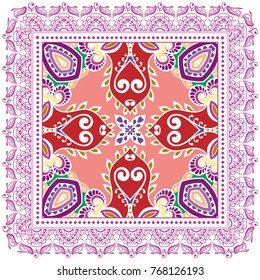 Decorative colorful ornament on a white background, symmetric pattern with doodle lace frame. Tribal ethnic mandala decor. Bandanna shawl, tablecloth fabric print, silk neck scarf, kerchief design