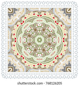 Decorative colorful ornament on a white background, symmetric pattern with doodle lace frame. Tribal ethnic mandala decor. Bandanna shawl, tablecloth fabric print, silk neck scarf, kerchief design