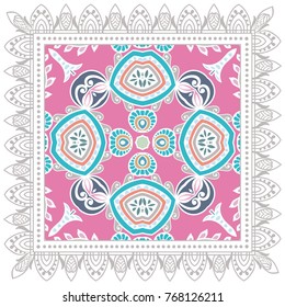 Decorative colorful ornament on a white background, symmetric pattern with doodle lace frame. Tribal ethnic mandala decor. Bandanna shawl, tablecloth fabric print, silk neck scarf, kerchief design