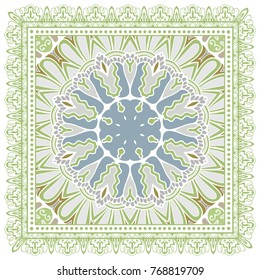Decorative colorful ornament on a white background, symmetric pattern with doodle lace frame. Tribal ethnic mandala decor. Bandanna shawl, tablecloth fabric print, silk neck scarf, kerchief design