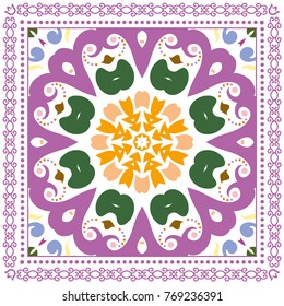 Decorative colorful ornament on a white background, symmetric pattern with doodle lace frame. Tribal ethnic mandala decor. Bandanna shawl, tablecloth fabric print, silk neck scarf, kerchief design