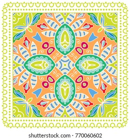Decorative colorful ornament on a white background, symmetric pattern with doodle lace frame. Tribal ethnic mandala decor. Bandanna shawl, tablecloth fabric print, silk neck scarf, kerchief design