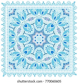Decorative colorful ornament on a white background, symmetric pattern with doodle lace frame. Tribal ethnic mandala decor. Bandanna shawl, tablecloth fabric print, silk neck scarf, kerchief design
