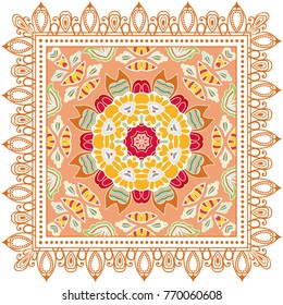 Decorative colorful ornament on a white background, symmetric pattern with doodle lace frame. Tribal ethnic mandala decor. Bandanna shawl, tablecloth fabric print, silk neck scarf, kerchief design