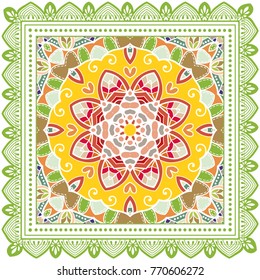 Decorative colorful ornament on a white background, symmetric pattern with doodle lace frame. Tribal ethnic mandala decor. Bandanna shawl, tablecloth fabric print, silk neck scarf, kerchief design