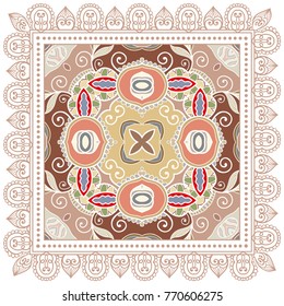 Decorative colorful ornament on a white background, symmetric pattern with doodle lace frame. Tribal ethnic mandala decor. Bandanna shawl, tablecloth fabric print, silk neck scarf, kerchief design