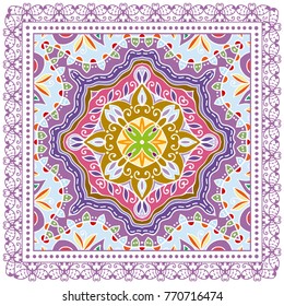 Decorative colorful ornament on a white background, symmetric pattern with doodle lace frame. Tribal ethnic mandala decor. Bandanna shawl, tablecloth fabric print, silk neck scarf, kerchief design