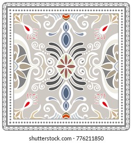 Decorative colorful ornament on a white background, symmetric pattern with doodle lace frame. Tribal ethnic mandala decor. Bandanna shawl, tablecloth fabric print, silk neck scarf, kerchief design