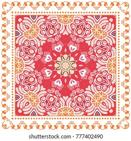 Decorative colorful ornament on a white background, symmetric pattern with doodle lace frame. Tribal ethnic mandala decor. Bandanna shawl, tablecloth fabric print, silk neck scarf, kerchief design