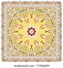 Decorative colorful ornament on a white background, symmetric pattern with doodle lace frame. Tribal ethnic mandala decor. Bandanna shawl, tablecloth fabric print, silk neck scarf, kerchief design