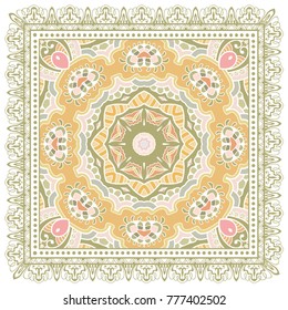 Decorative colorful ornament on a white background, symmetric pattern with doodle lace frame. Tribal ethnic mandala decor. Bandanna shawl, tablecloth fabric print, silk neck scarf, kerchief design