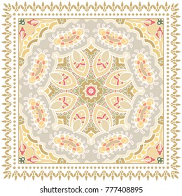 Decorative colorful ornament on a white background, symmetric pattern with doodle lace frame. Tribal ethnic mandala decor. Bandanna shawl, tablecloth fabric print, silk neck scarf, kerchief design