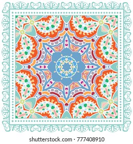 Decorative colorful ornament on a white background, symmetric pattern with doodle lace frame. Tribal ethnic mandala decor. Bandanna shawl, tablecloth fabric print, silk neck scarf, kerchief design