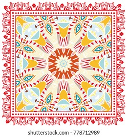 Decorative colorful ornament on a white background, symmetric pattern with doodle lace frame. Tribal ethnic mandala decor. Bandanna shawl, tablecloth fabric print, silk neck scarf, kerchief design