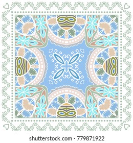 Decorative colorful ornament on a white background, symmetric pattern with doodle lace frame. Tribal ethnic mandala decor. Bandanna shawl, tablecloth fabric print, silk neck scarf, kerchief design