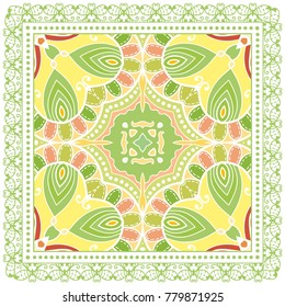 Decorative colorful ornament on a white background, symmetric pattern with doodle lace frame. Tribal ethnic mandala decor. Bandanna shawl, tablecloth fabric print, silk neck scarf, kerchief design