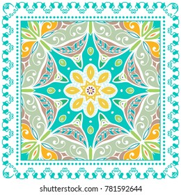 Decorative colorful ornament on a white background, symmetric pattern with doodle lace frame. Tribal ethnic mandala decor. Bandanna shawl, tablecloth fabric print, silk neck scarf, kerchief design