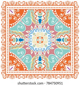 Decorative colorful ornament on a white background, symmetric pattern with doodle lace frame. Tribal ethnic mandala decor. Bandanna shawl, tablecloth fabric print, silk neck scarf, kerchief design