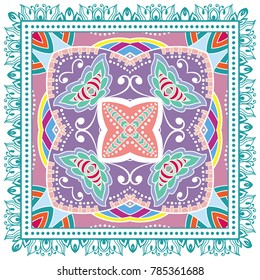 Decorative colorful ornament on a white background, symmetric pattern with doodle lace frame. Tribal ethnic mandala decor. Bandanna shawl, tablecloth fabric print, silk neck scarf, kerchief design