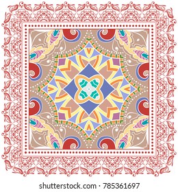 Decorative colorful ornament on a white background, symmetric pattern with doodle lace frame. Tribal ethnic mandala decor. Bandanna shawl, tablecloth fabric print, silk neck scarf, kerchief design