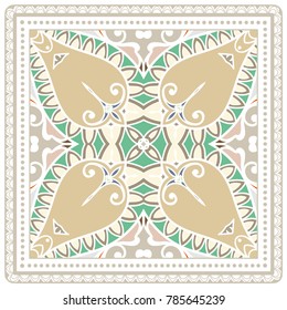 Decorative colorful ornament on a white background, symmetric pattern with doodle lace frame. Tribal ethnic mandala decor. Bandanna shawl, tablecloth fabric print, silk neck scarf, kerchief design