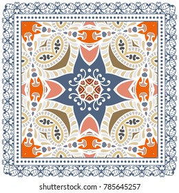 Decorative colorful ornament on a white background, symmetric pattern with doodle lace frame. Tribal ethnic mandala decor. Bandanna shawl, tablecloth fabric print, silk neck scarf, kerchief design