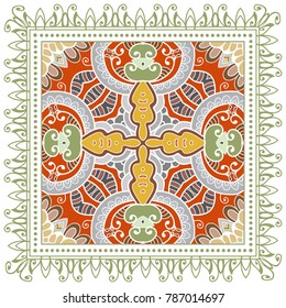 Decorative colorful ornament on a white background, symmetric pattern with doodle lace frame. Tribal ethnic mandala decor. Bandanna shawl, tablecloth fabric print, silk neck scarf, kerchief design