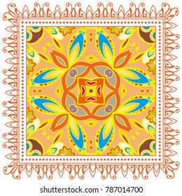 Decorative colorful ornament on a white background, symmetric pattern with doodle lace frame. Tribal ethnic mandala decor. Bandanna shawl, tablecloth fabric print, silk neck scarf, kerchief design