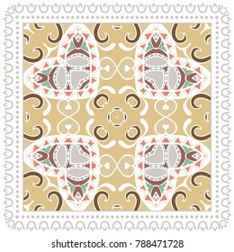 Decorative colorful ornament on a white background, symmetric pattern with doodle lace frame. Tribal ethnic mandala decor. Bandanna shawl, tablecloth fabric print, silk neck scarf, kerchief design