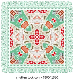 Decorative colorful ornament on a white background, symmetric pattern with doodle lace frame. Tribal ethnic mandala decor. Bandanna shawl, tablecloth fabric print, silk neck scarf, kerchief design