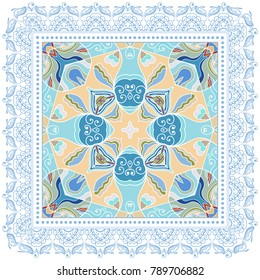 Decorative colorful ornament on a white background, symmetric pattern with doodle lace frame. Tribal ethnic mandala decor. Bandanna shawl, tablecloth fabric print, silk neck scarf, kerchief design