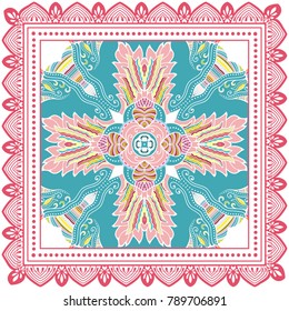 Decorative colorful ornament on a white background, symmetric pattern with doodle lace frame. Tribal ethnic mandala decor. Bandanna shawl, tablecloth fabric print, silk neck scarf, kerchief design