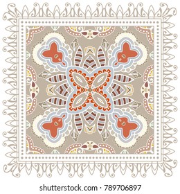 Decorative colorful ornament on a white background, symmetric pattern with doodle lace frame. Tribal ethnic mandala decor. Bandanna shawl, tablecloth fabric print, silk neck scarf, kerchief design