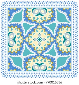 Decorative colorful ornament on a white background, symmetric pattern with doodle lace frame. Tribal ethnic mandala decor. Bandanna shawl, tablecloth fabric print, silk neck scarf, kerchief design