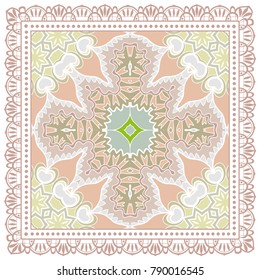 Decorative colorful ornament on a white background, symmetric pattern with doodle lace frame. Tribal ethnic mandala decor. Bandanna shawl, tablecloth fabric print, silk neck scarf, kerchief design