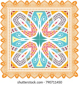 Decorative colorful ornament on a white background, symmetric pattern with doodle lace frame. Tribal ethnic mandala decor. Bandanna shawl, tablecloth fabric print, silk neck scarf, kerchief design