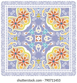Decorative colorful ornament on a white background, symmetric pattern with doodle lace frame. Tribal ethnic mandala decor. Bandanna shawl, tablecloth fabric print, silk neck scarf, kerchief design