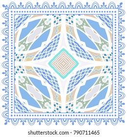Decorative colorful ornament on a white background, symmetric pattern with doodle lace frame. Tribal ethnic mandala decor. Bandanna shawl, tablecloth fabric print, silk neck scarf, kerchief design