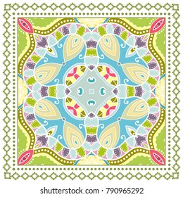 Decorative colorful ornament on a white background, symmetric pattern with doodle lace frame. Tribal ethnic mandala decor. Bandanna shawl, tablecloth fabric print, silk neck scarf, kerchief design