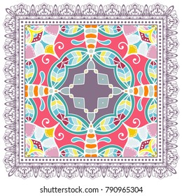 Decorative colorful ornament on a white background, symmetric pattern with doodle lace frame. Tribal ethnic mandala decor. Bandanna shawl, tablecloth fabric print, silk neck scarf, kerchief design