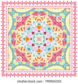 Decorative colorful ornament on a white background, symmetric pattern with doodle lace frame. Tribal ethnic mandala decor. Bandanna shawl, tablecloth fabric print, silk neck scarf, kerchief design