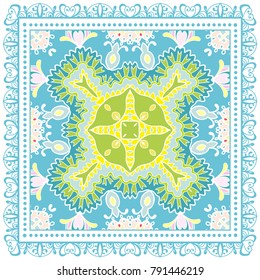 Decorative colorful ornament on a white background, symmetric pattern with doodle lace frame. Tribal ethnic mandala decor. Bandanna shawl, tablecloth fabric print, silk neck scarf, kerchief design